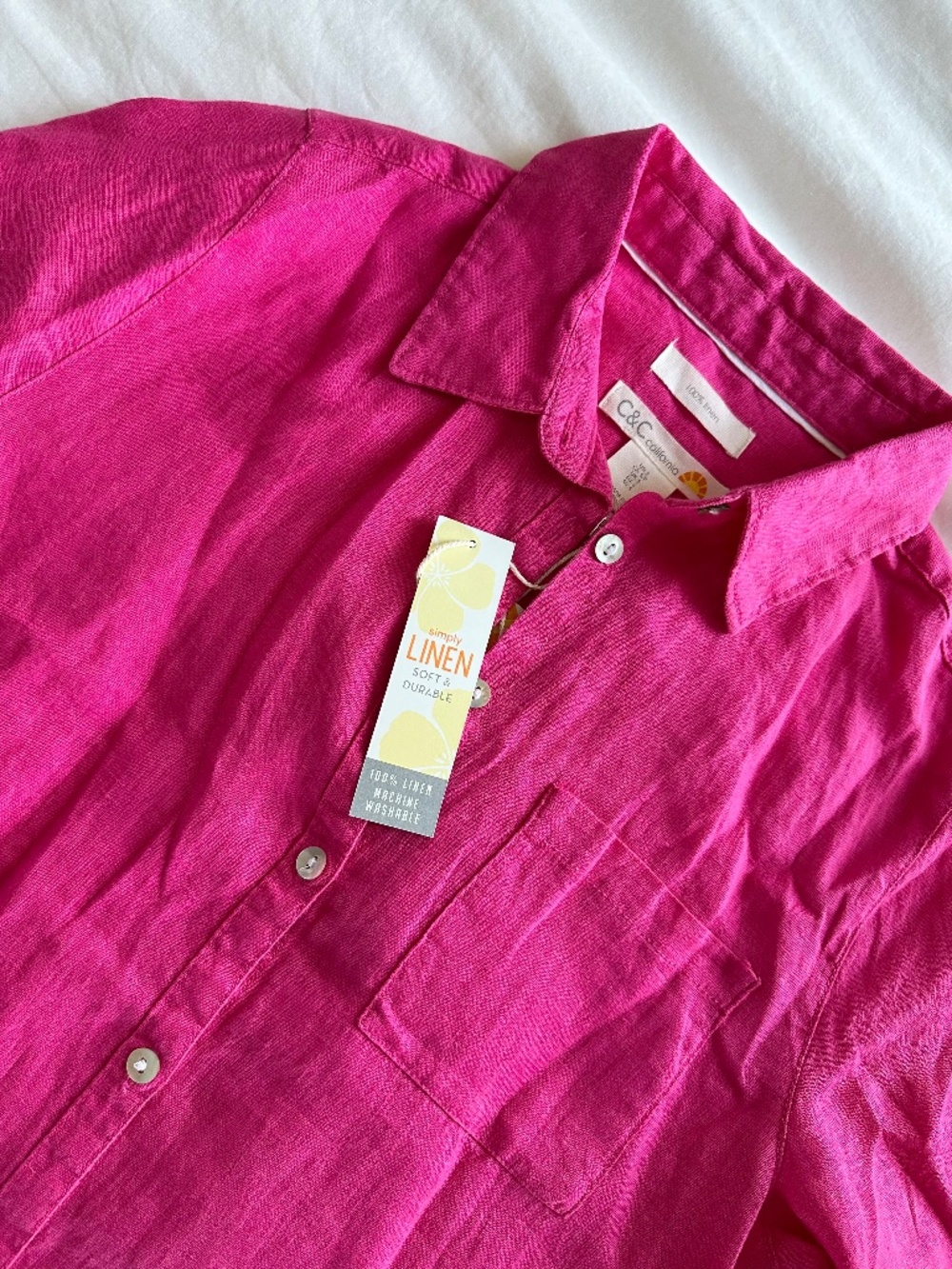 🆕 C&C California Hot Pink 100% Linen Shirt Dress Size Small
